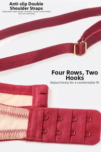 Detail of adjustable wine red bra straps with gold hardware and secure back hook closure