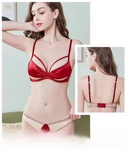 Close-up of wine red satin bra with sheer mesh details and adjustable straps back view