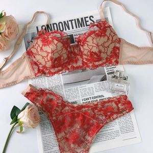 Détail de broderie en dentelle florale rouge sur ensemble soutien-gorge et culotte
