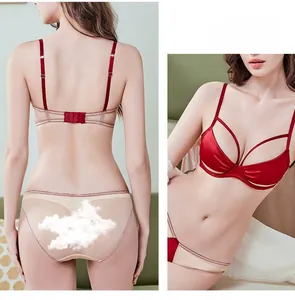 Detailed back view of red satin lingerie set with breathable nude mesh and strap details