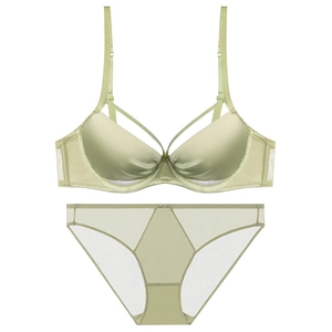 Elegant light green seamless lingerie set with glossy 3/4 cup bra and mesh panties