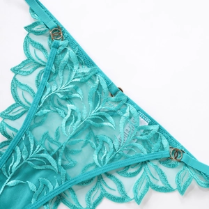 Macro detail of Tiffany blue lace lingerie with leaf embroidery and gold metal hardware