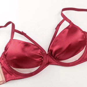 Deep V red satin thin bra with dual straps and seamless silk texture for women