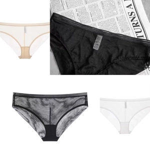 Detailed view of women's low-rise mesh panties in assorted colors with elastic waistbands