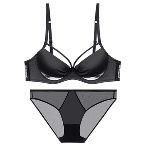 Sexy black seamless ultra-thin lingerie set with underwire bra and sheer mesh panties