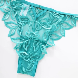 Detail of teal floral lace embroidery on sheer bra with gold metal ring and mesh
