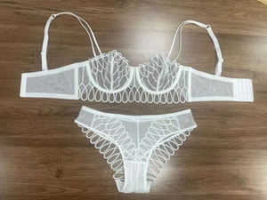 Flat lay view of white sheer mesh lace lingerie set with leaf embroidery on wood floor