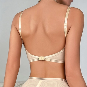 Seamless backless lingerie set in beige with U-shaped deep back and floral jacquard