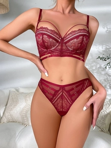 Macro shot of dark red lace floral embroidery and metal buckles on the bra set