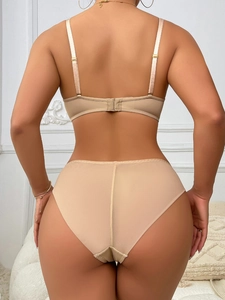 Back view of a nude seamless push-up bra set with thin straps and double hook-and-eye closure