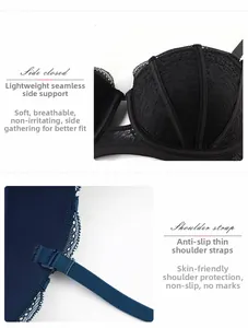 Detail of breathable lace side wings and anti-slip shoulder straps on black lace bra