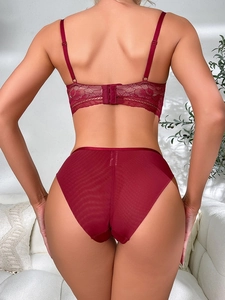 Detailed back view of burgundy lace bra set with adjustable straps and sheer mesh panties