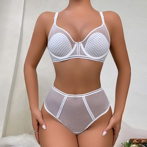 White sheer mesh lingerie set with underwire bra and high-waist panties for women