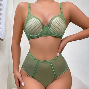 Sexy avocado green sheer mesh lingerie set with underwire support and polka dot padded cups