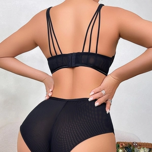 Sexy black sheer mesh lingerie set with triple shoulder straps and high-waisted panties