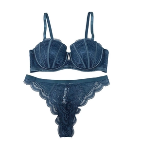 Navy blue lace lingerie set with shell textured underwire bra and floral embroidery