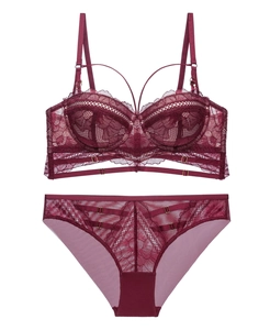 Detailed view of burgundy lace lingerie set with semi-cup bra and strappy decorative details