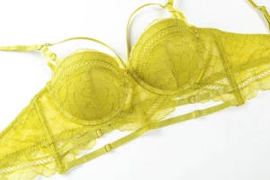 Detailed close-up of lime yellow lace bralette featuring floral texture and adjustable straps