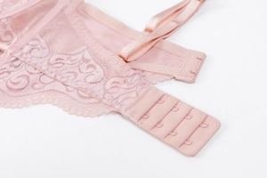 Detailed back view of pink lace bra featuring four-row hook closure and adjustable straps