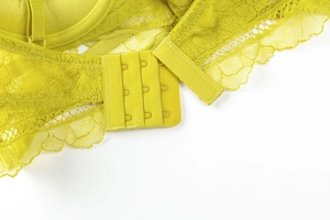Detail showing back closure of lime yellow lace bra with triple row hook and eye fasteners