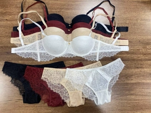 Detailed lace pattern of the push-up bra set featuring delicate eyelash edges in four colors