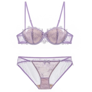 French Eyelash Lace Bra And Panties Lingerie For Women Sexy Soft Underwire Push Up Half Cup Floral Pattern Bow Decor Underwear