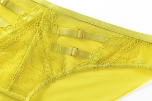 Detailed close-up of yellow floral lace and fine mesh fabric with gold hardware