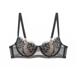 Detailed close-up of intricate floral lace embroidery on black sheer mesh bra cup