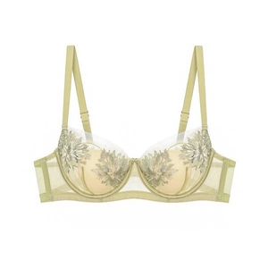 Detail of light green French lace bra with intricate leaf embroidery and mesh fabric