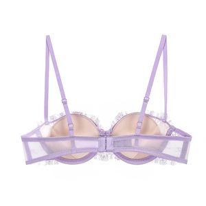Detail of purple eyelash lace bra showing adjustable straps and back buckle closure