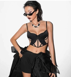 Dettaglio del bralette geometrico nero con rete trasparente e stecche di supporto