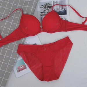 Detail view of red lace lingerie set with gold ring hardware on grid background