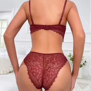 Ensemble de lingerie en dentelle bordeaux avec broderies florales et détails en dentelle