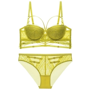 Sexy kalkgrünes Spitzen-Lingerie-Set mit Push-up-BH und Riemchen-Hohl-Design