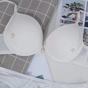 Detail view of white push-up bra and panty set with elegant golden square rings