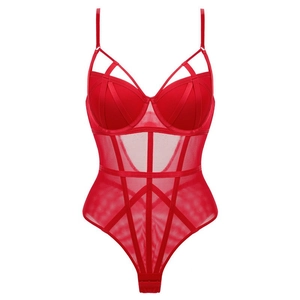 Body sexy rouge en mesh avec bonnets push-up et lanières géométriques au design ajusté