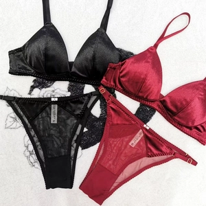 Silk velvet triangle bralette lingerie set in black and burgundy with lace details