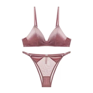 Dusty pink velvet triangle bra and thong lingerie set with satin finish for women