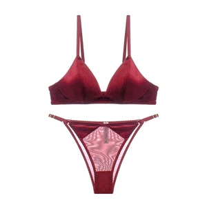 French style dark red velvet wire-free triangle bra and matching thong set