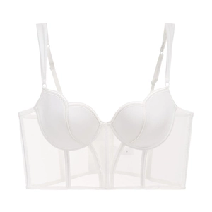 Detail of white corset bra showing semi-cup design with mesh splicing and adjustable straps