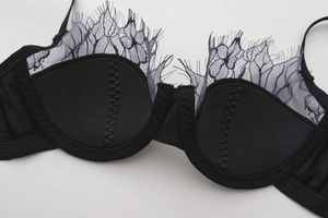 Détail de dentelle de cils noire et de coutures élégantes sur ce soutien-gorge à armatures