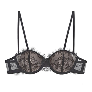 French style black eyelash lace bra with soft underwire and breathable mesh wings