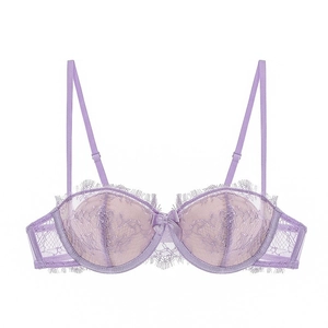 Close-up of lilac eyelash lace bra with satin bow detail and semi-sheer mesh cups