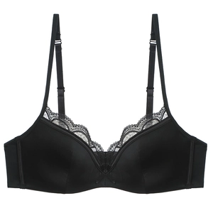 Elegant black satin bra with sheer lace trim and adjustable straps on white background