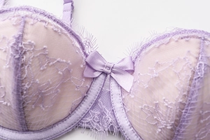 Detailed macro view of purple eyelash lace lingerie with ribbon bow and soft mesh textures