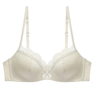 Lace trim satin bra in cream white with adjustable straps and center bow decoration