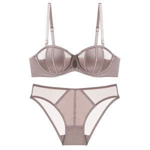 French seamless lace lingerie set in dusty pink satin with 1/2 cup bra and panties