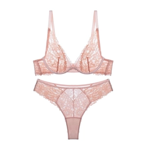 Pink floral lace lingerie set with underwire triangle bra and matching thong on white back