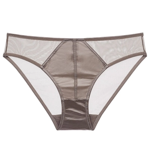 Coffee mesh patchwork low-rise panties for women featuring sheer breathable panels