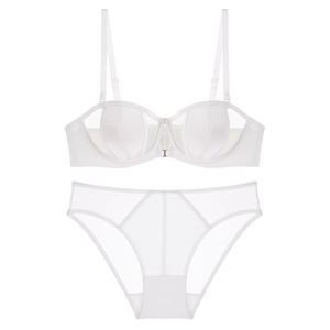 French style seamless white lingerie set with mesh details and underwired satin bra